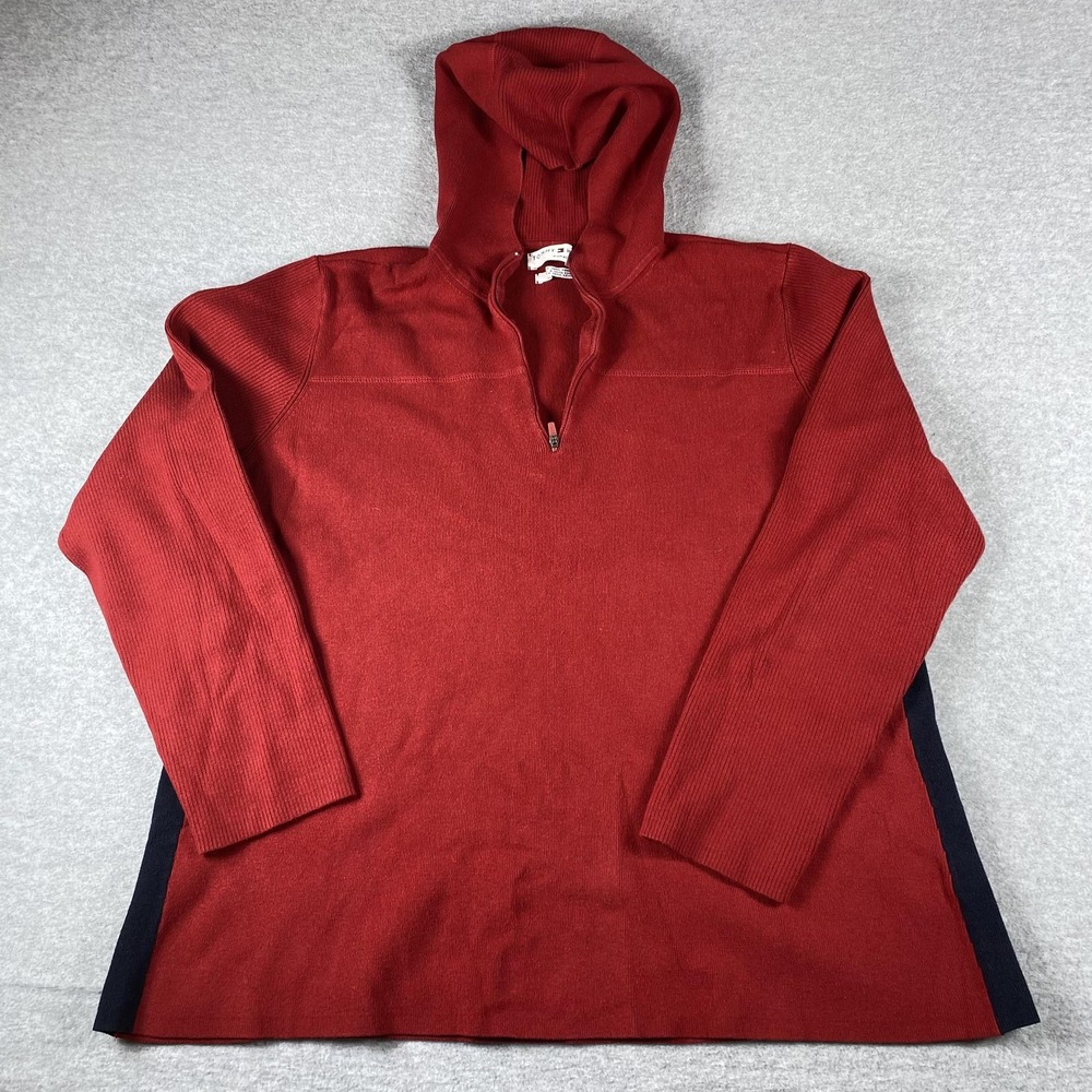 Tommy Hilfiger Sweater Womens 2X Red Hooded 1/4 Zip Tunic 3/4 Sleeve Knit
